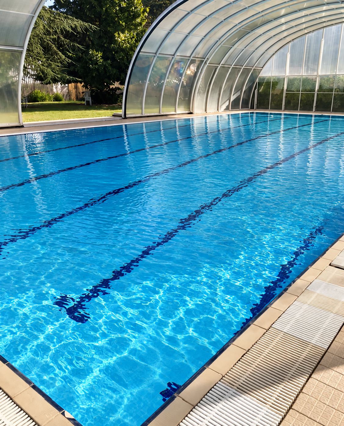 La piscina ULPIA con copertura scorrevole aperta sul giardino